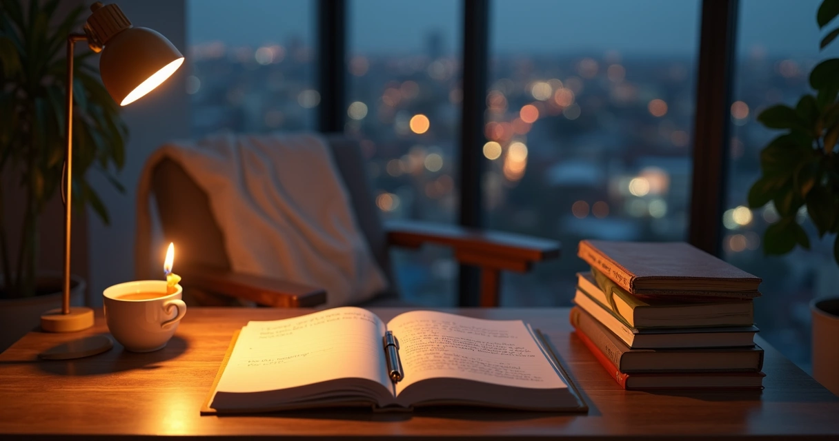 Quiet workspace with open journal, candle and city lights at night 