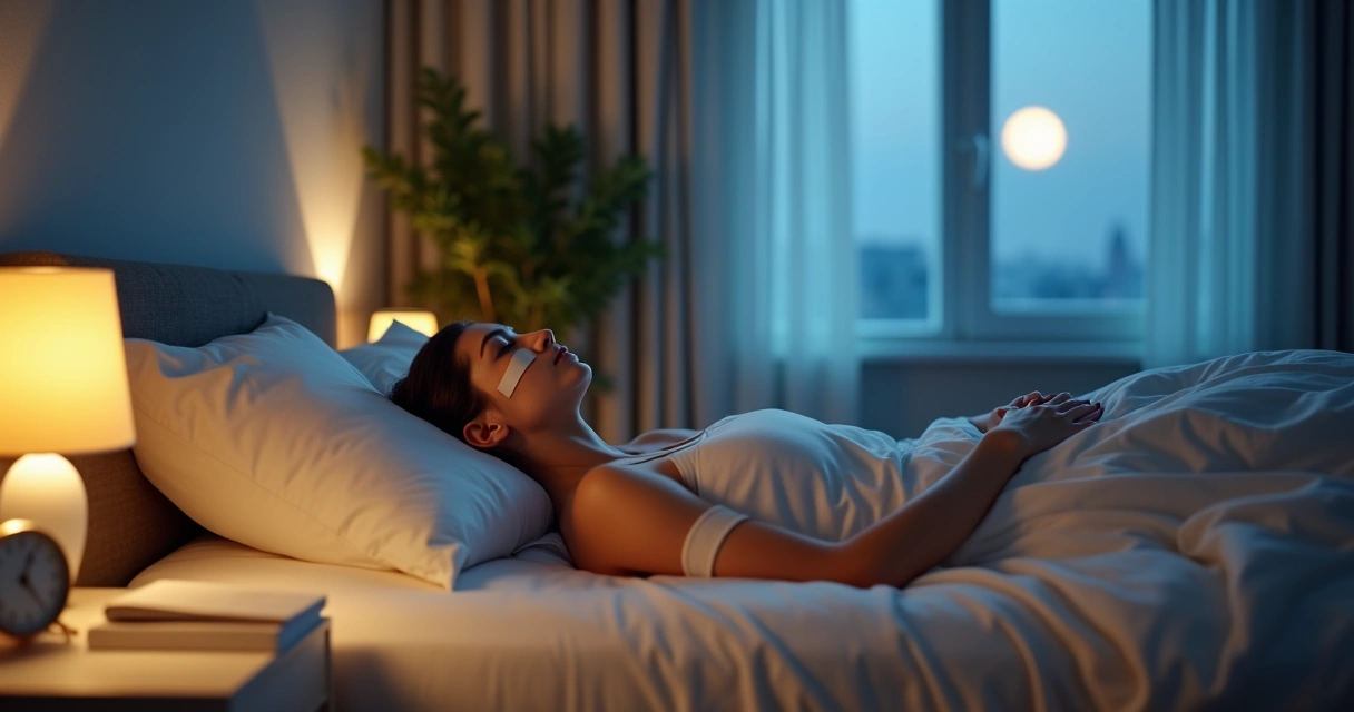 Person in bed with gentle mouth tape and calm nighttime lighting 