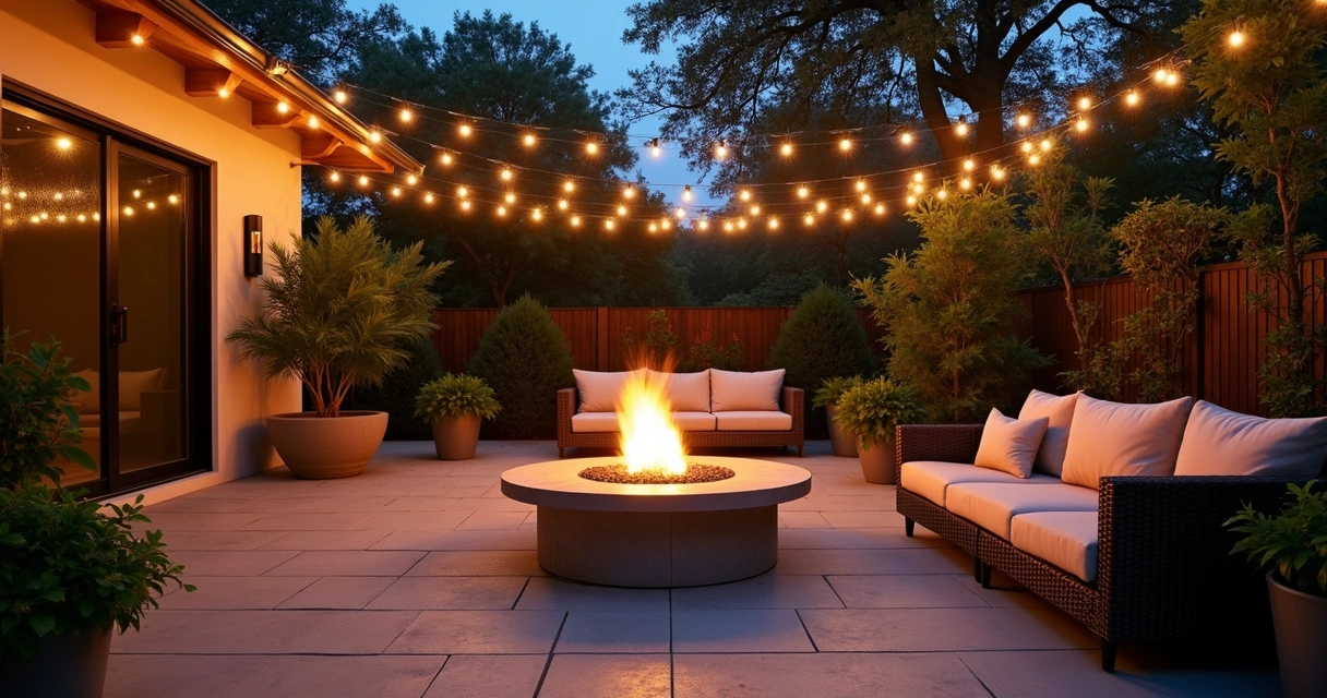 Well-lit patio at night with string lights and fire pit 