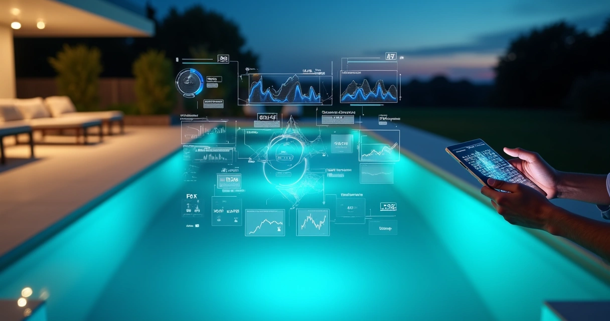 AI data visualization floating above a modern backyard pool at night 