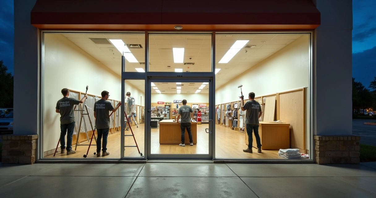 Night painting crew working inside a Florida retail store while closed 