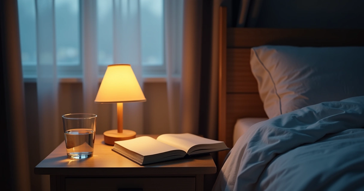 Bedside table with journal, water, and warm lamp at night