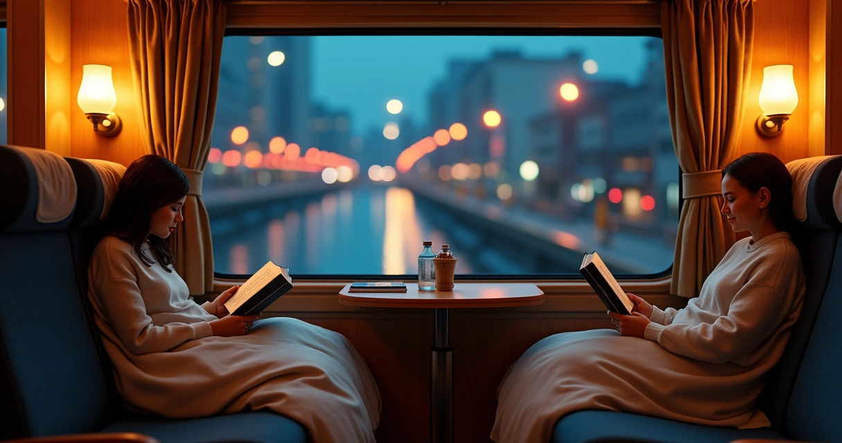 Passengers sitting and reading in a comfortable night train cabin