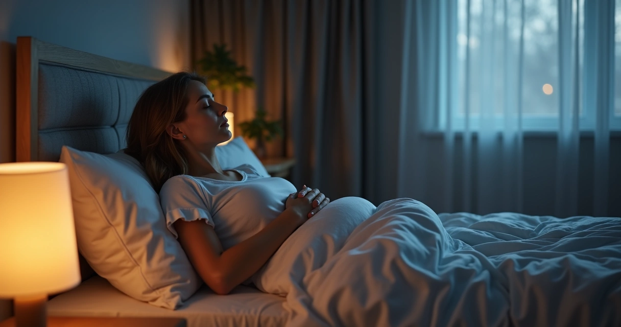 Woman practicing relaxation breathing in bed at night 