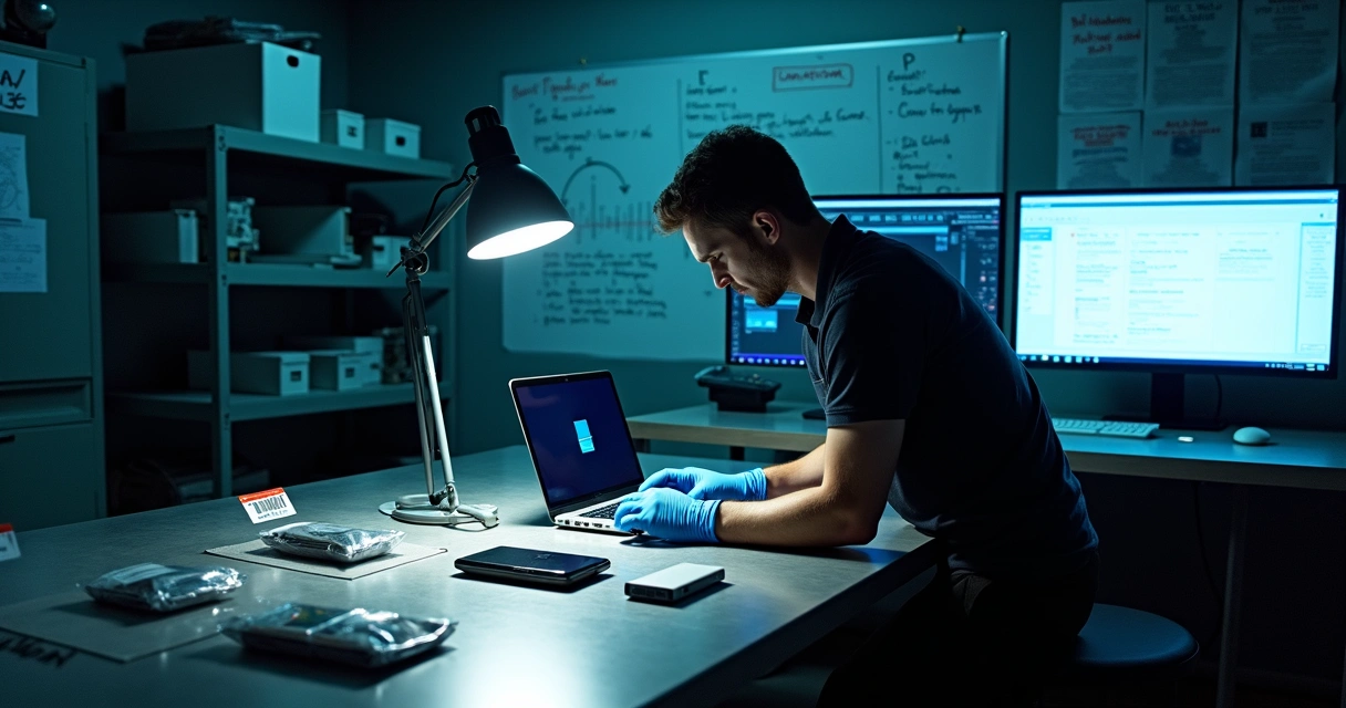 Digital forensics specialist examining seized devices on evidence table in dim lab 