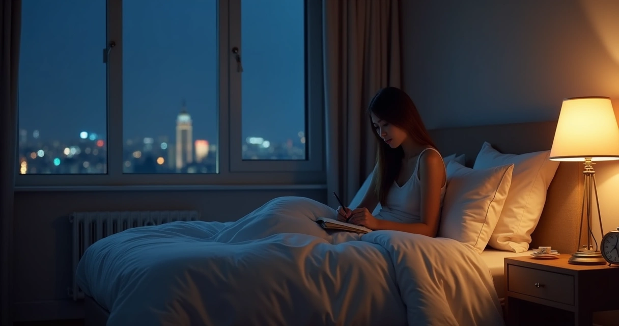 Person journaling beside a softly lit bed at night