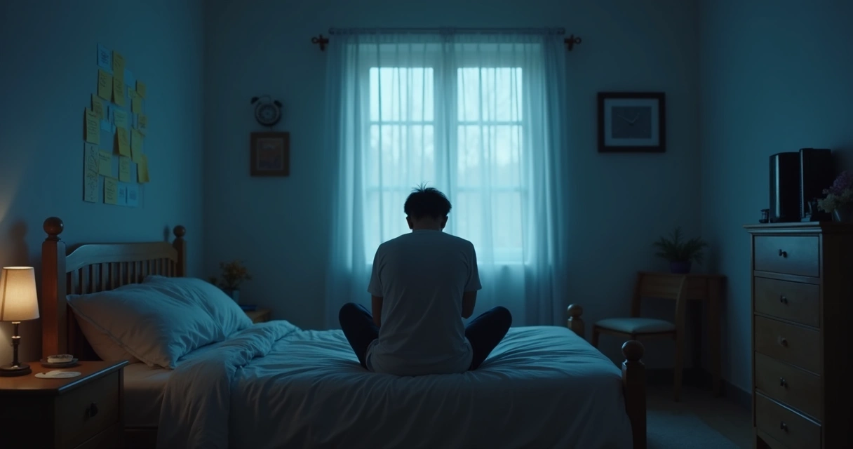 Person awake at night with racing thoughts