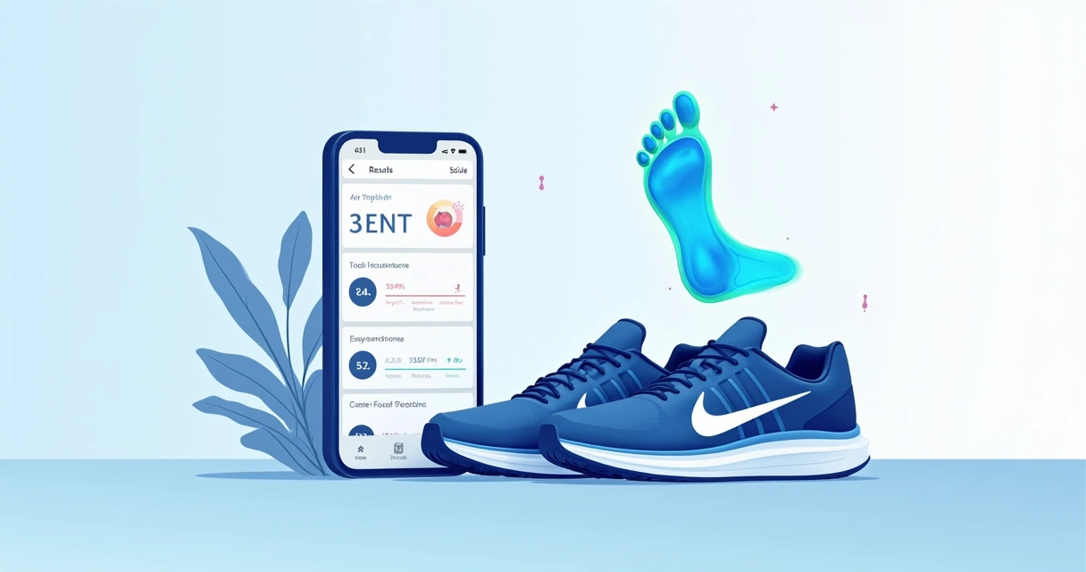 Tênis, celular com Nike Fit aberto e tênis medido em ambiente digital 