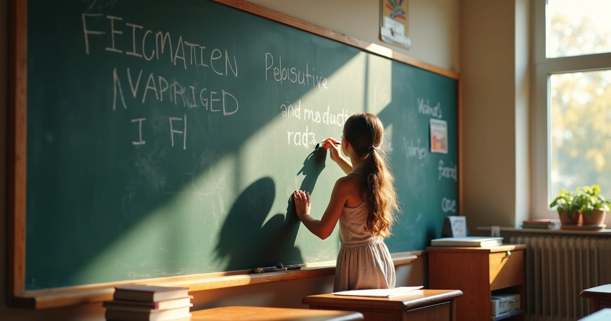 Niña escribiendo en una pizarra, enseñanza y aprendizaje. 