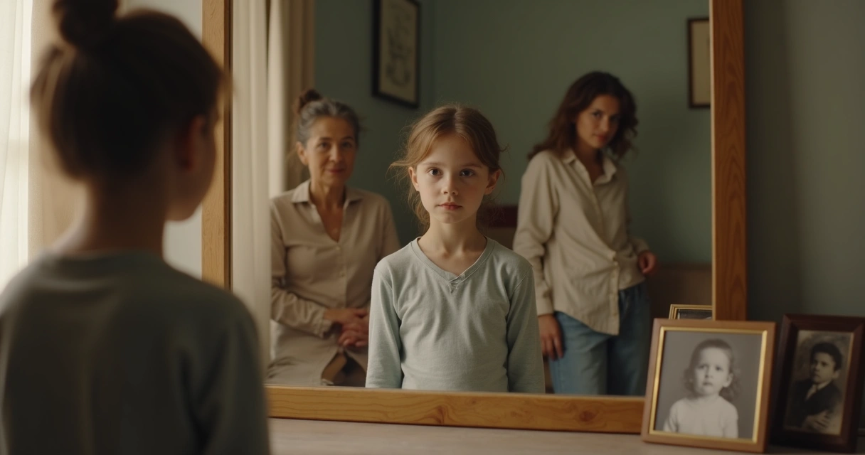 Niña frente al espejo con expresión de duda y fondo difuso con figuras familiares 