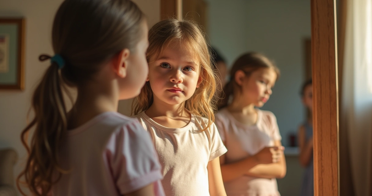 Niña mirándose al espejo con el reflejo de su familia detrás 