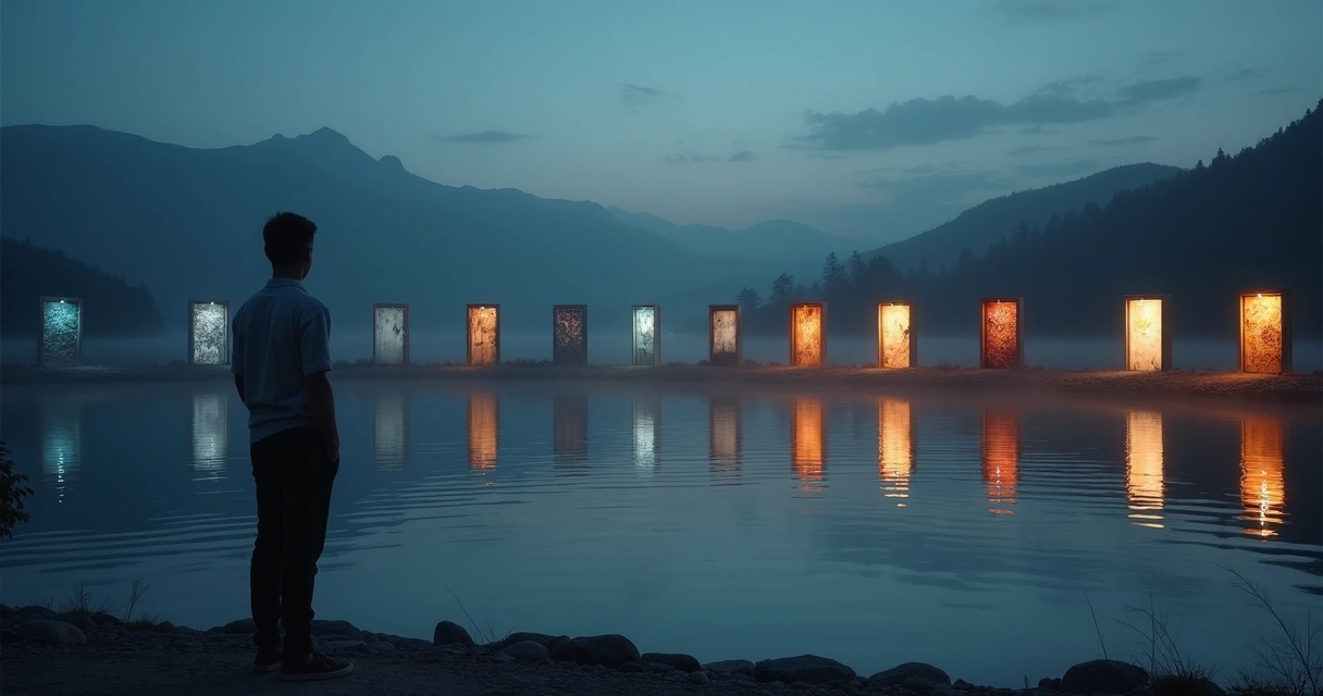 Person on a quiet shore facing nine glowing doorways across a reflective lake 