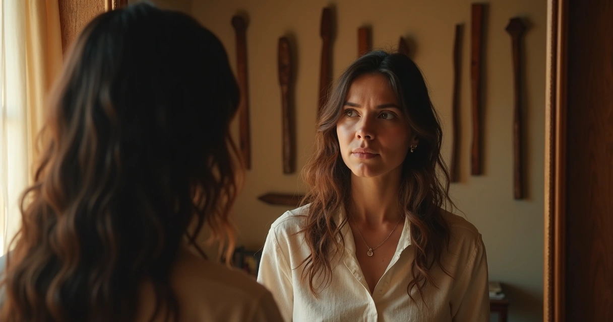 Person looking at their reflection with walls of wands behind them 