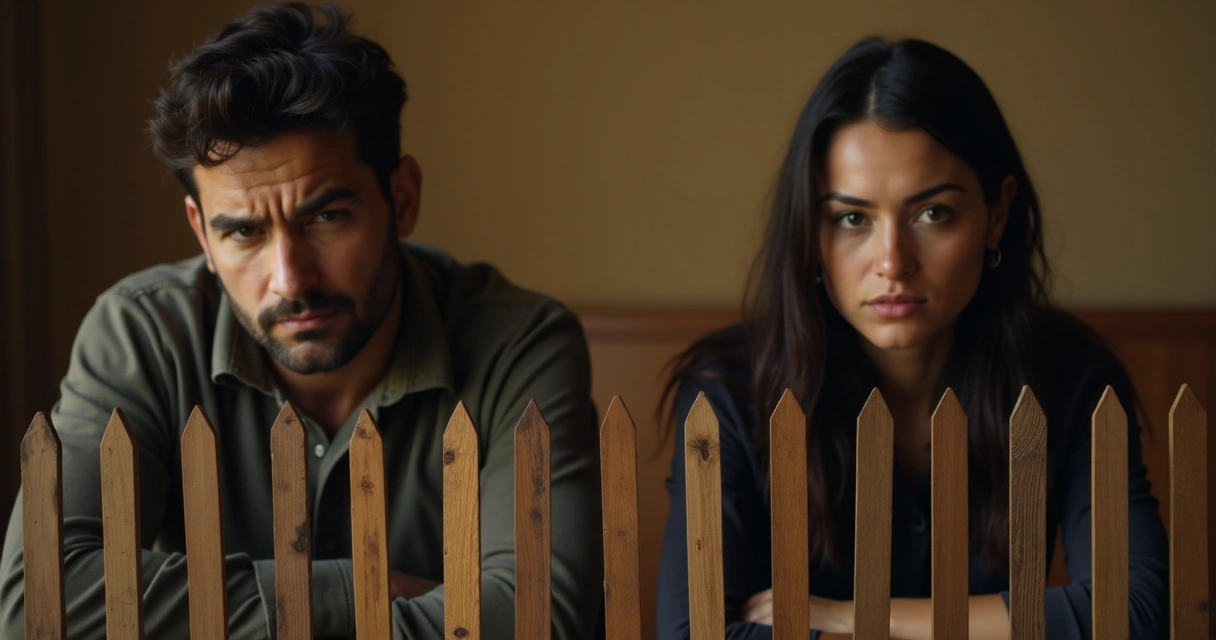 Couple sitting apart with barrier of sticks between them 