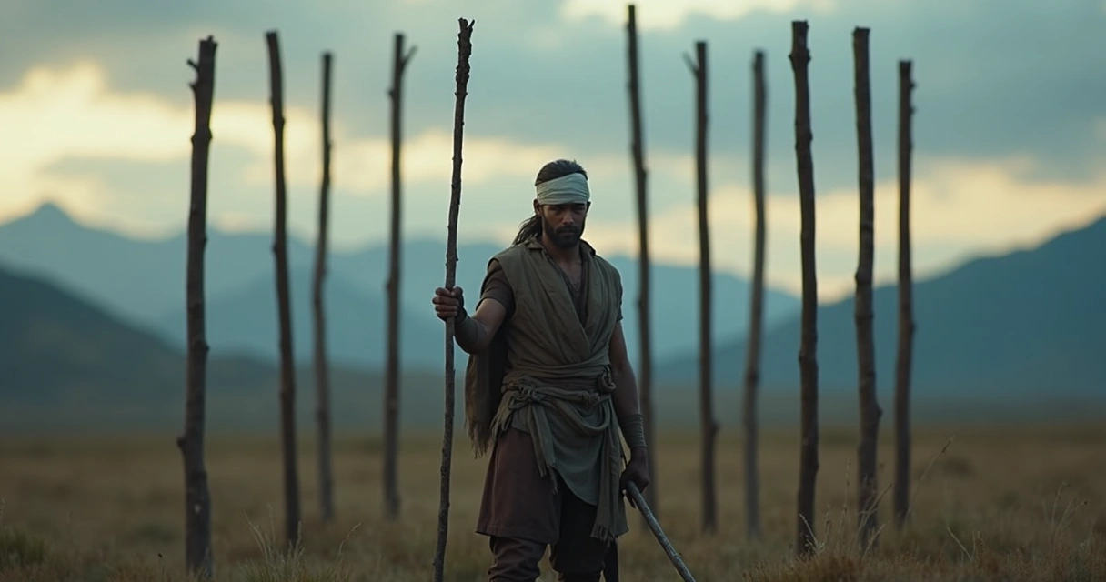Tarot card figure with bandaged head standing before upright wands 