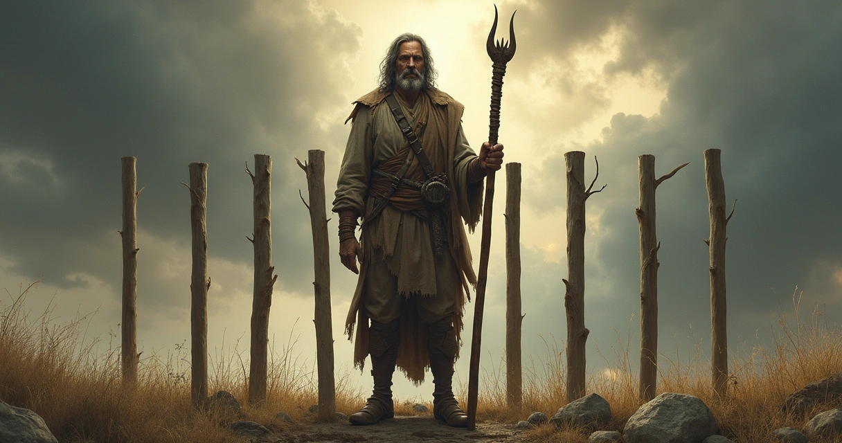 Nine of Wands tarot card depicting a weary figure holding a wooden staff, standing guarded with seven other wands positioned behind, symbolizing perseverance and boundaries, set against a stormy sky b