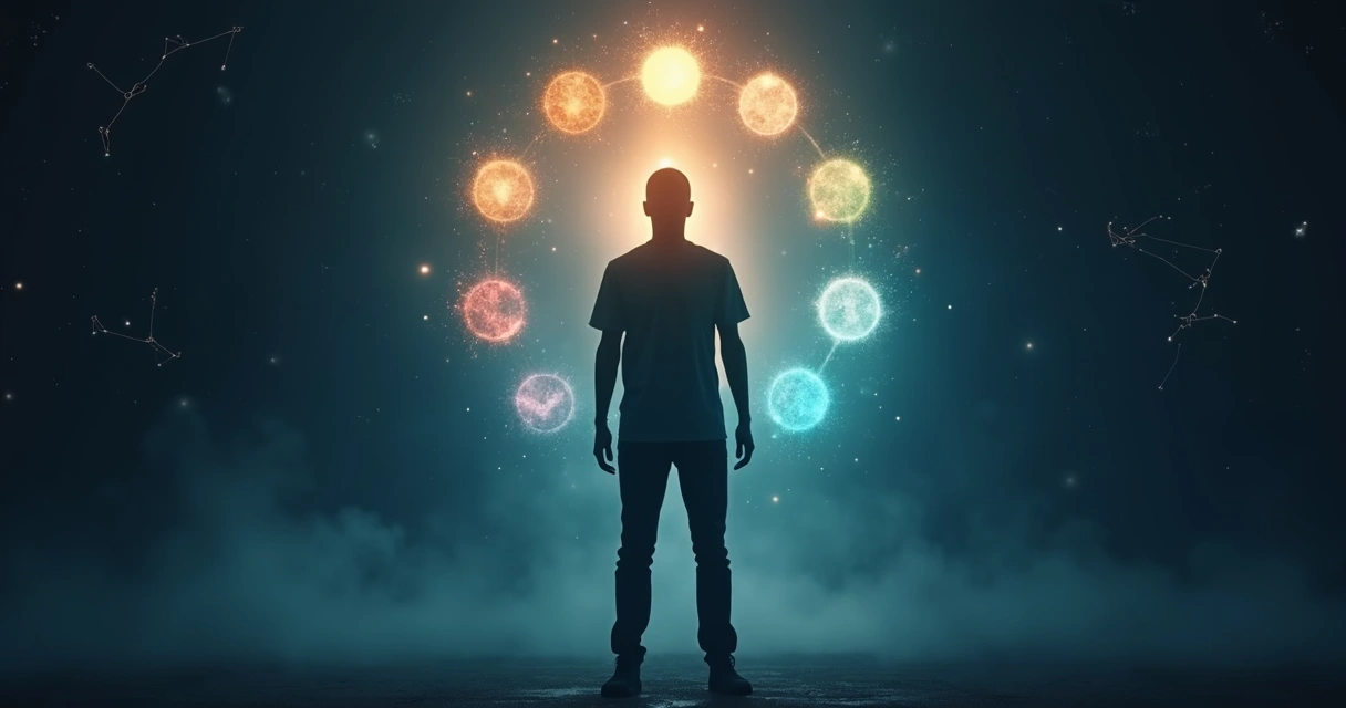 Human silhouette with nine glowing points of light around the body 