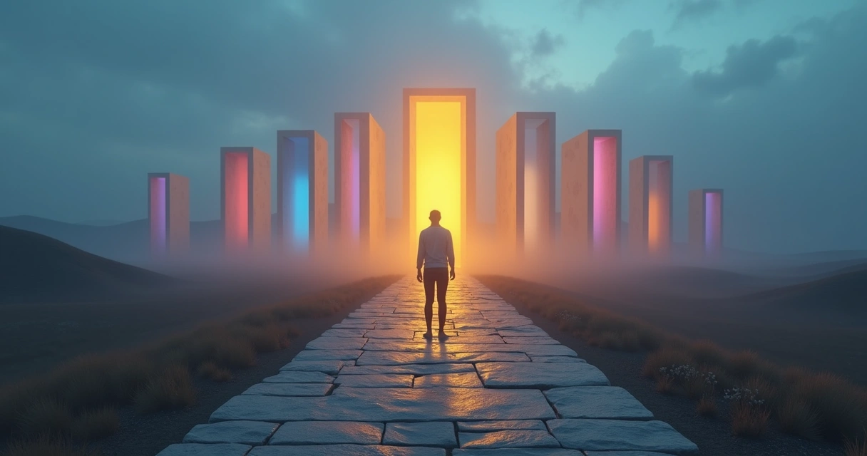 Person on a divided path facing nine glowing doors representing inner emotional pains 