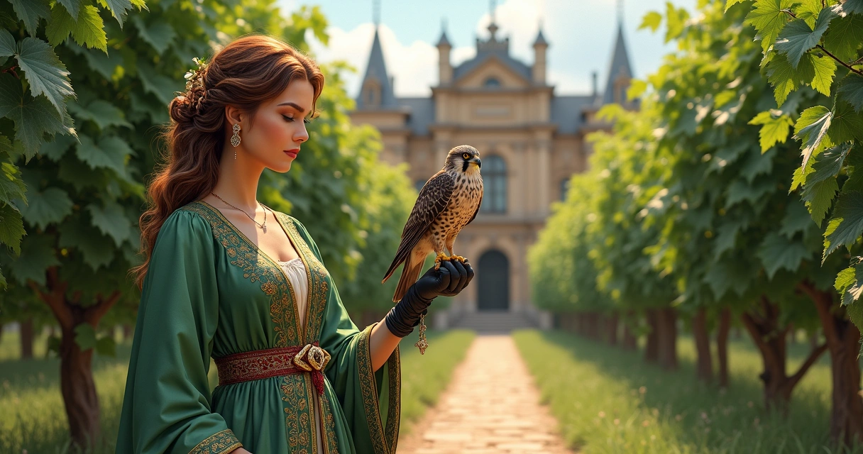 Tarot card woman in lush green garden with vine-covered walls and falcon on glove 