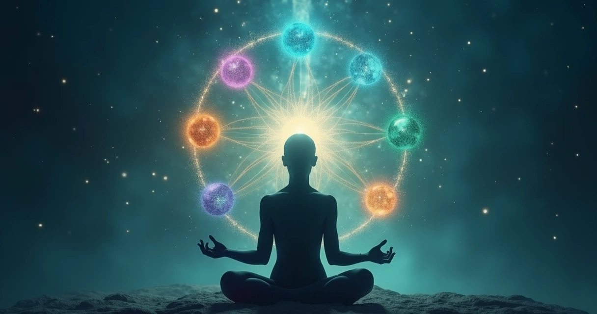 Silhouette of a person with nine glowing spheres around the head symbolizing emotional pains of the soul 