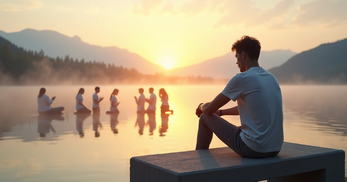 Person in contemplative pose surrounded by nine subtle symbolic reflections 