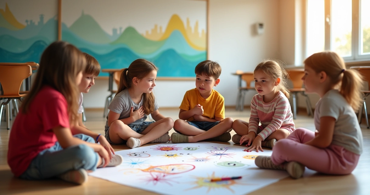 Niños en aula formando círculo con dibujos de emociones en el suelo 