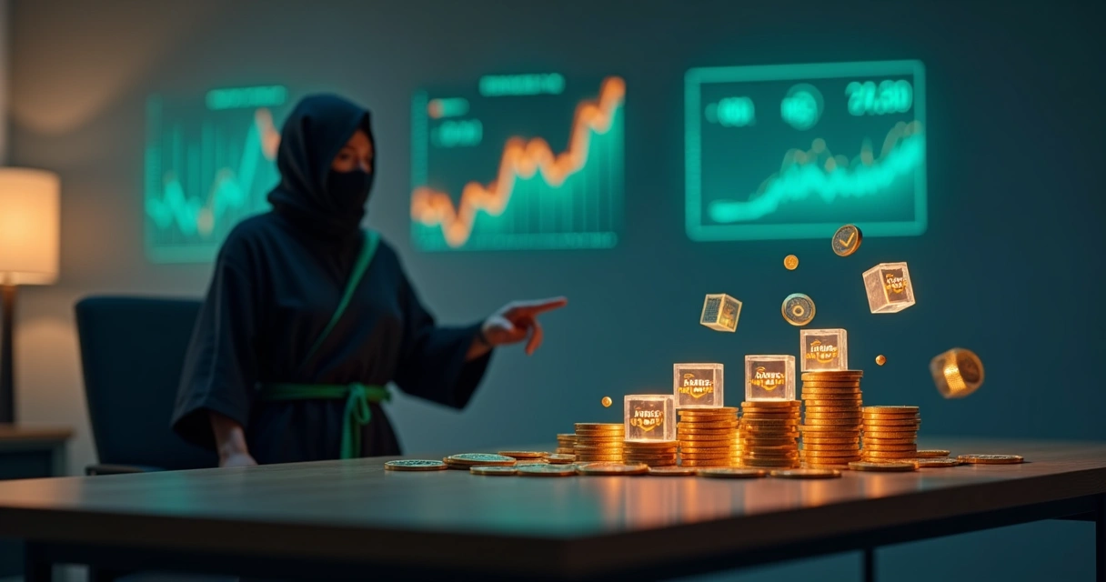 Ninja observando cubos da AWS organizados em pilhas de moedas 