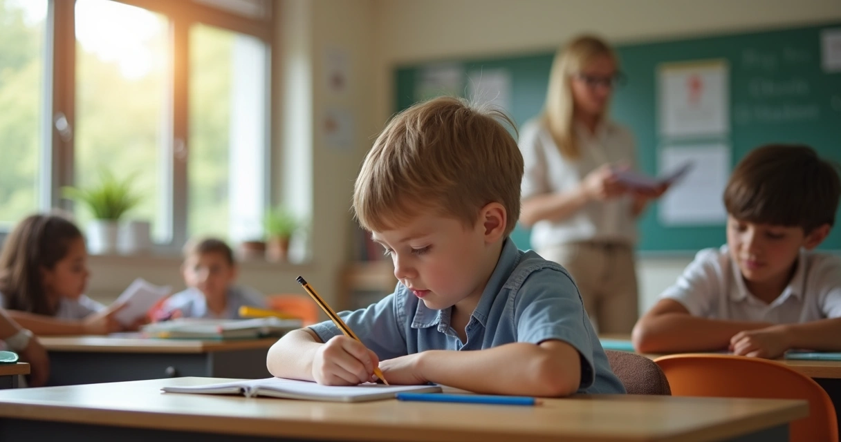 Niño concentrado en clase mientras escribe en su cuaderno