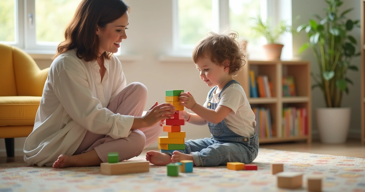 Niño pequeño construyendo una torre de bloques solo 