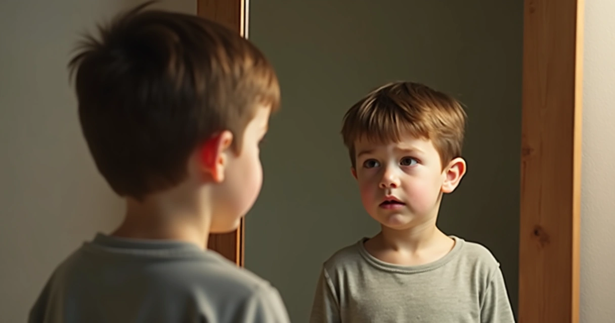 Niño observando su reflejo en un espejo, mostrando duda y timidez 