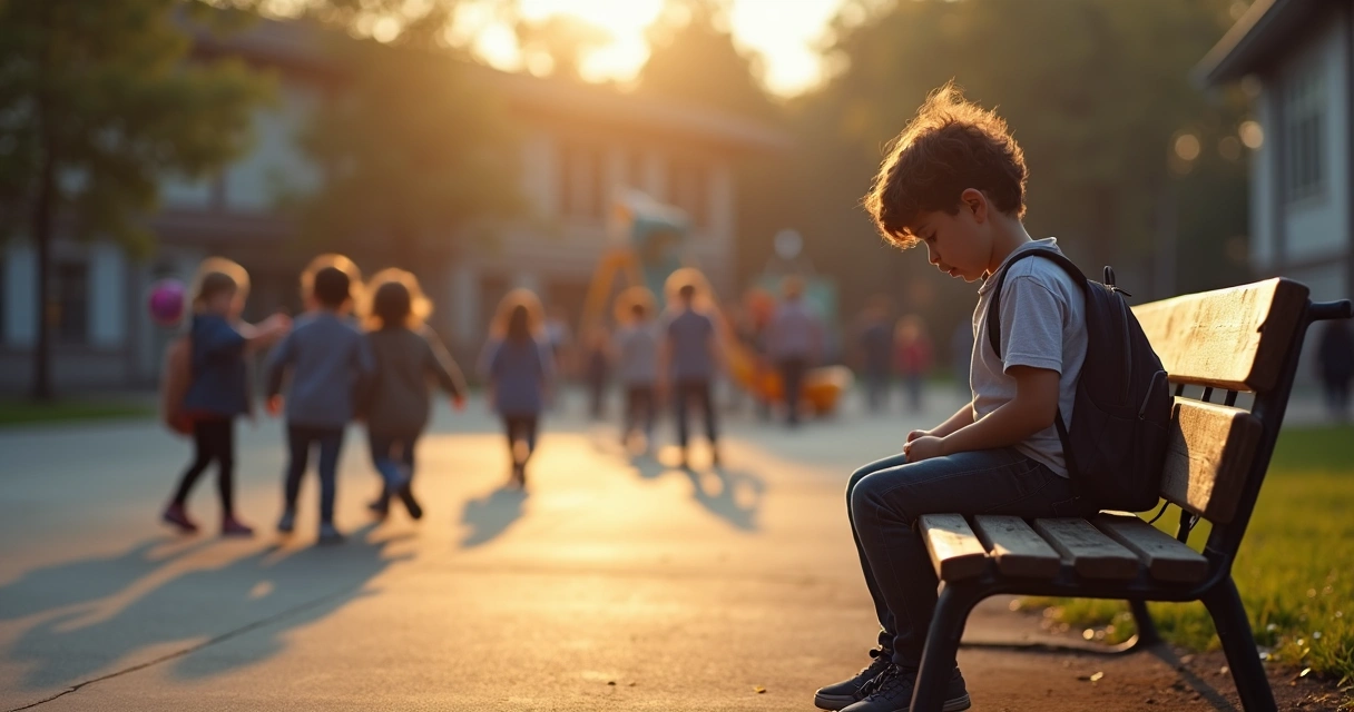 Niño solo en el patio del colegio apartado de otros niños jugando 
