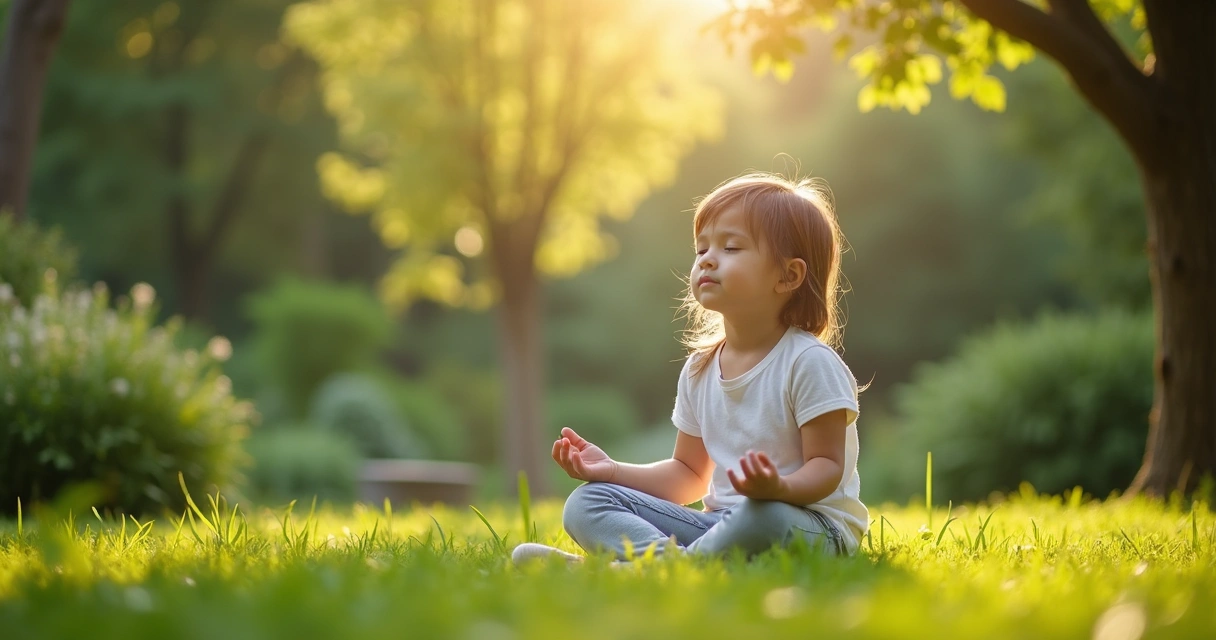 Niño pequeño sentado en jardín verde meditando con rayos de sol. 