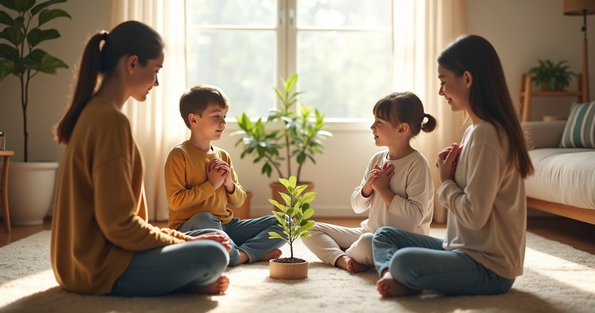Niño sentado con su familia meditando juntos 