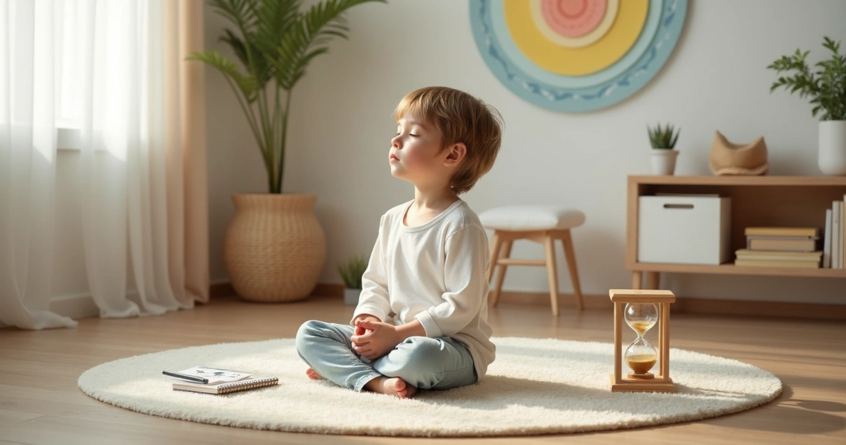 Niño pequeño meditando en habitación luminosa con colores suaves 