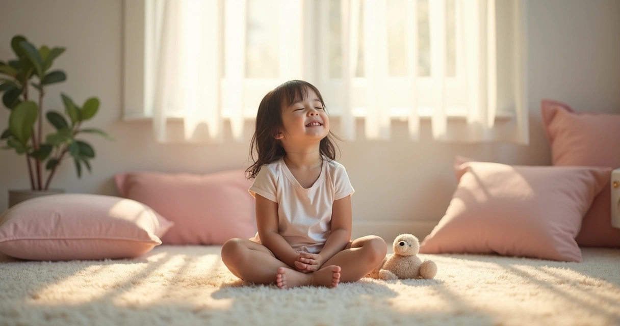 Niño sentado en el suelo con ojos cerrados y manos sobre las rodillas en habitación con luz suave