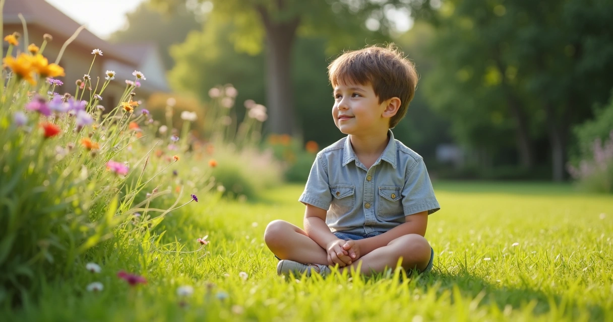 Niño pequeño meditando sentado en jardín verde