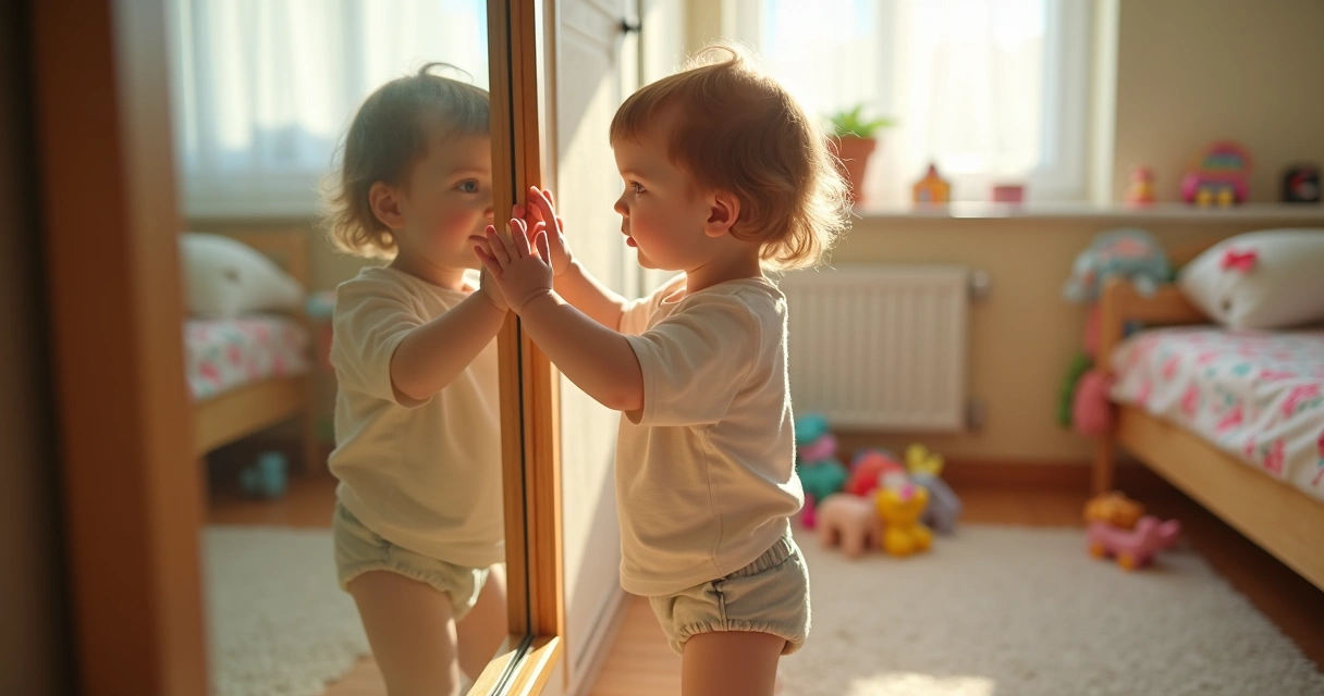 Niño pequeño frente a un espejo mirando su reflejo