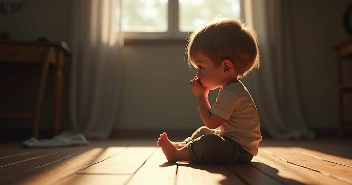 Niño sentado en el suelo con expresión pensativa, rodeado de sombras suaves 