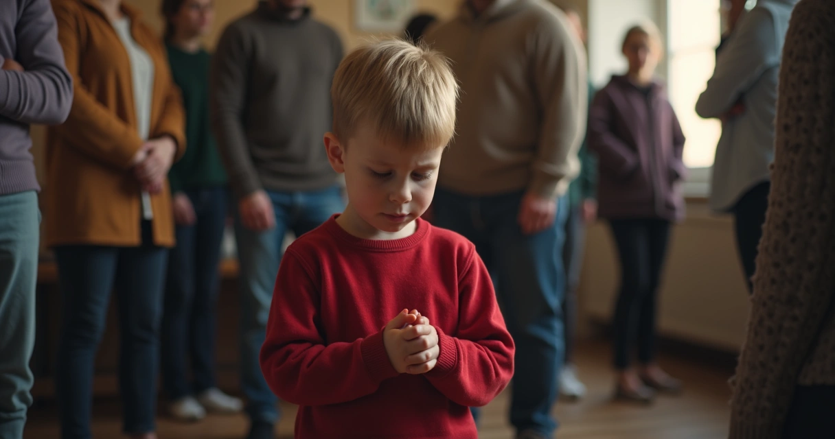 Niño con suéter rojo mirando hacia abajo apenado 