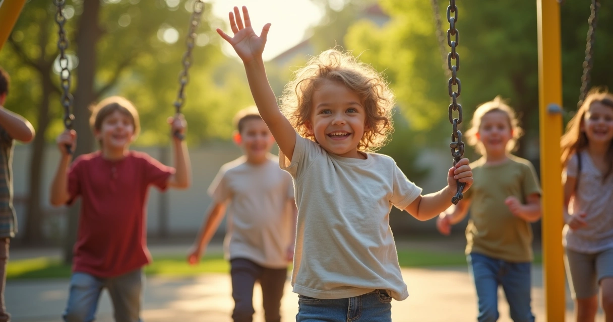 Niño único saludando a compañeros en patio escolar 