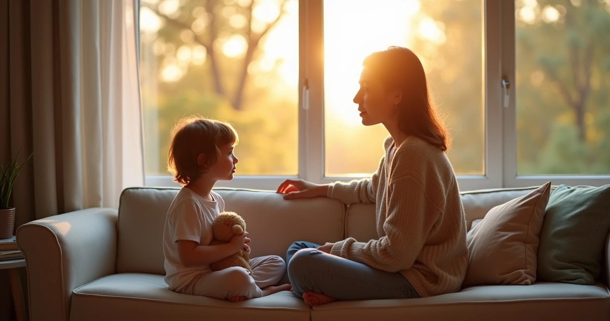 Niño y adulto sentados juntos reflejando sus emociones frente a una ventana 