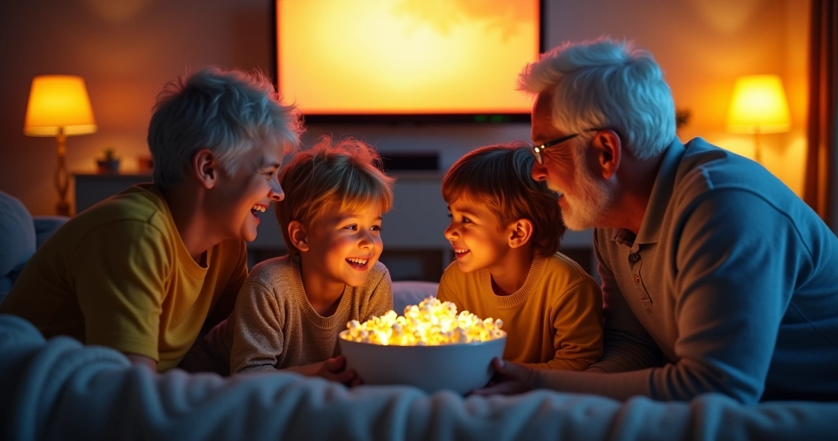 Niños conversando con abuelos después de ver una película 