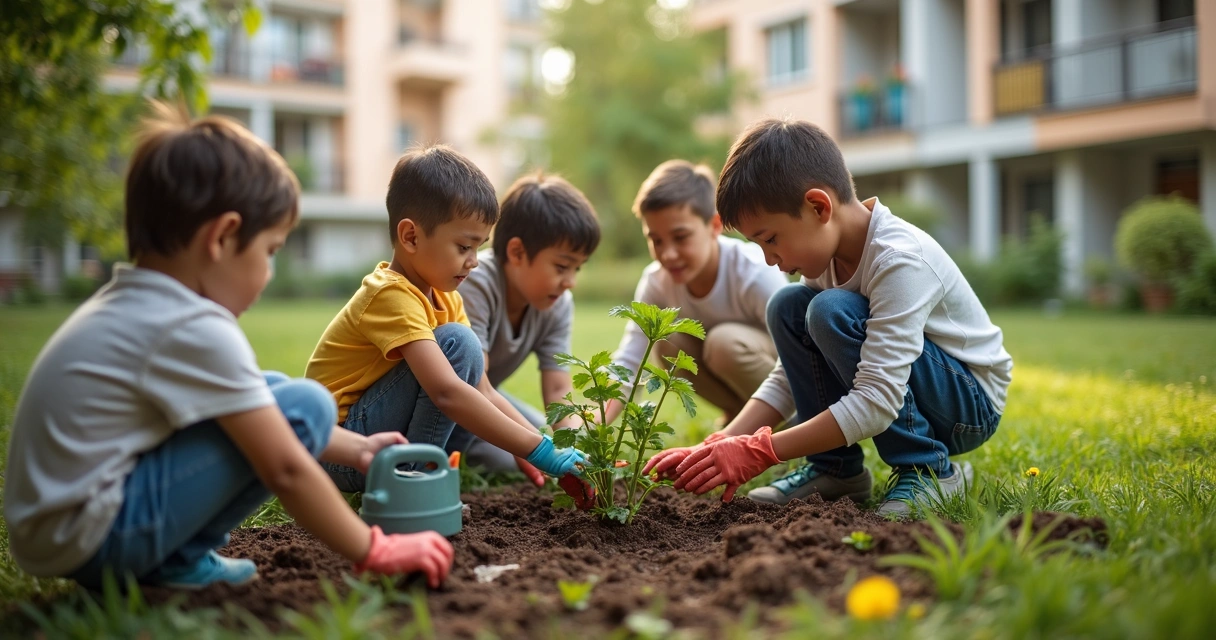 Niños y adultos plantando en un espacio comunitario 