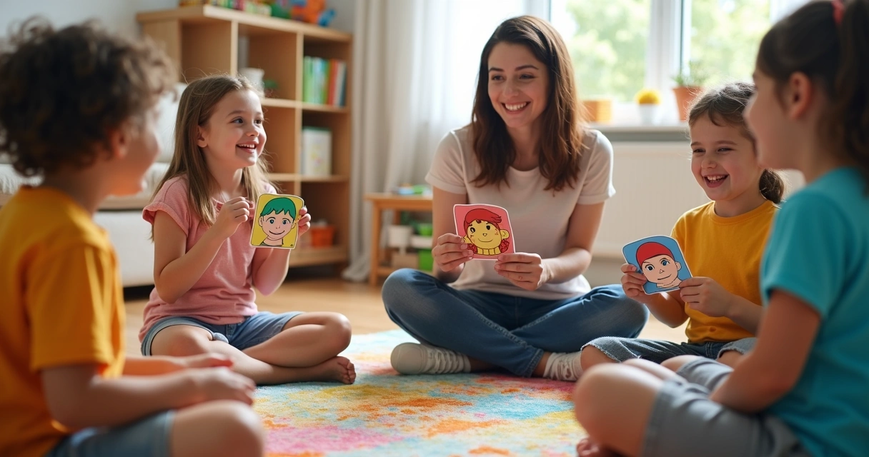Niños en círculo sentados aprendiendo emociones con tarjetas 