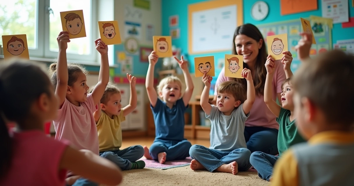 Niños en círculo con carteles de emociones en clase 