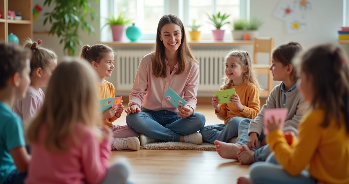 Niños sentados en círculo aprendiendo sobre emociones con tarjetas de colores 