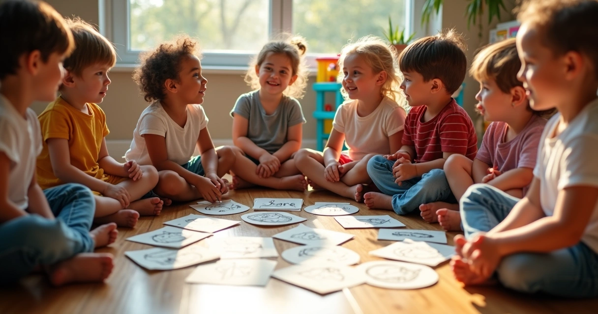 Niños pequeños jugando y conversando sentados en círculo en el piso de una casa 