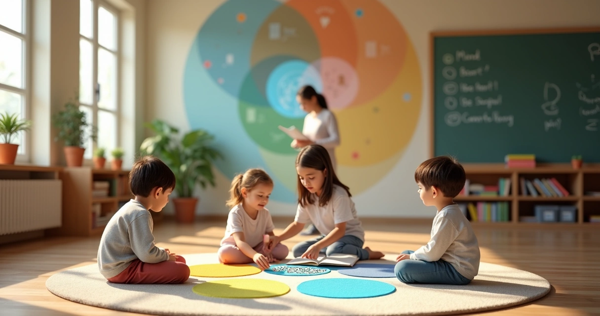 Niños en aula señalando emociones en un mural circular de colores 
