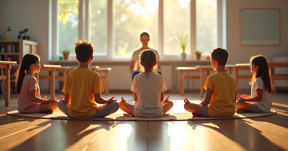 Niños sentados en círculo practicando meditación en un aula luminosa 