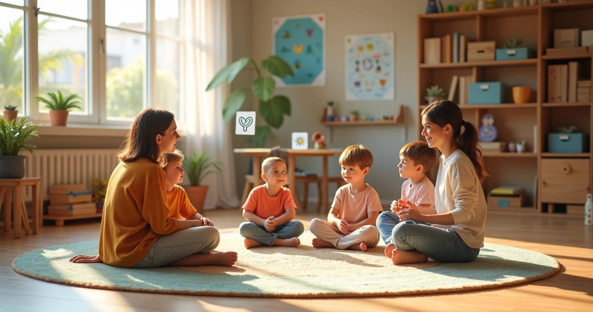 Niños en aula infantil rodeados de iconos de valores humanos 